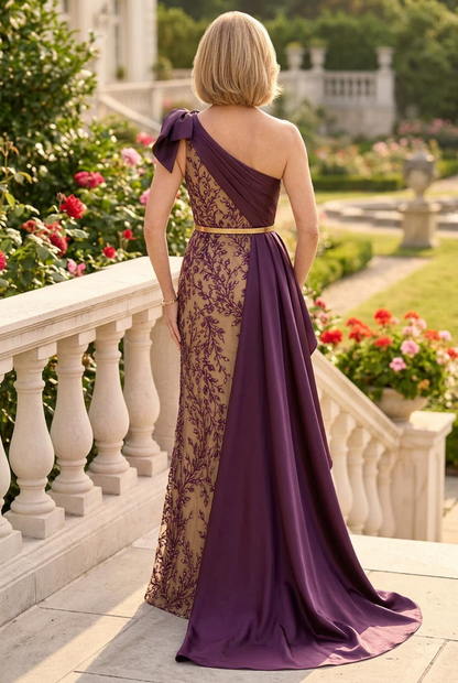 One-Shoulder Column Gown with Draped Overskirt