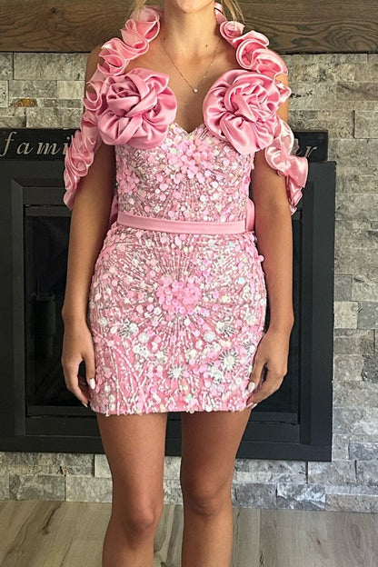 Rosette Halter Sequin Mini Dress