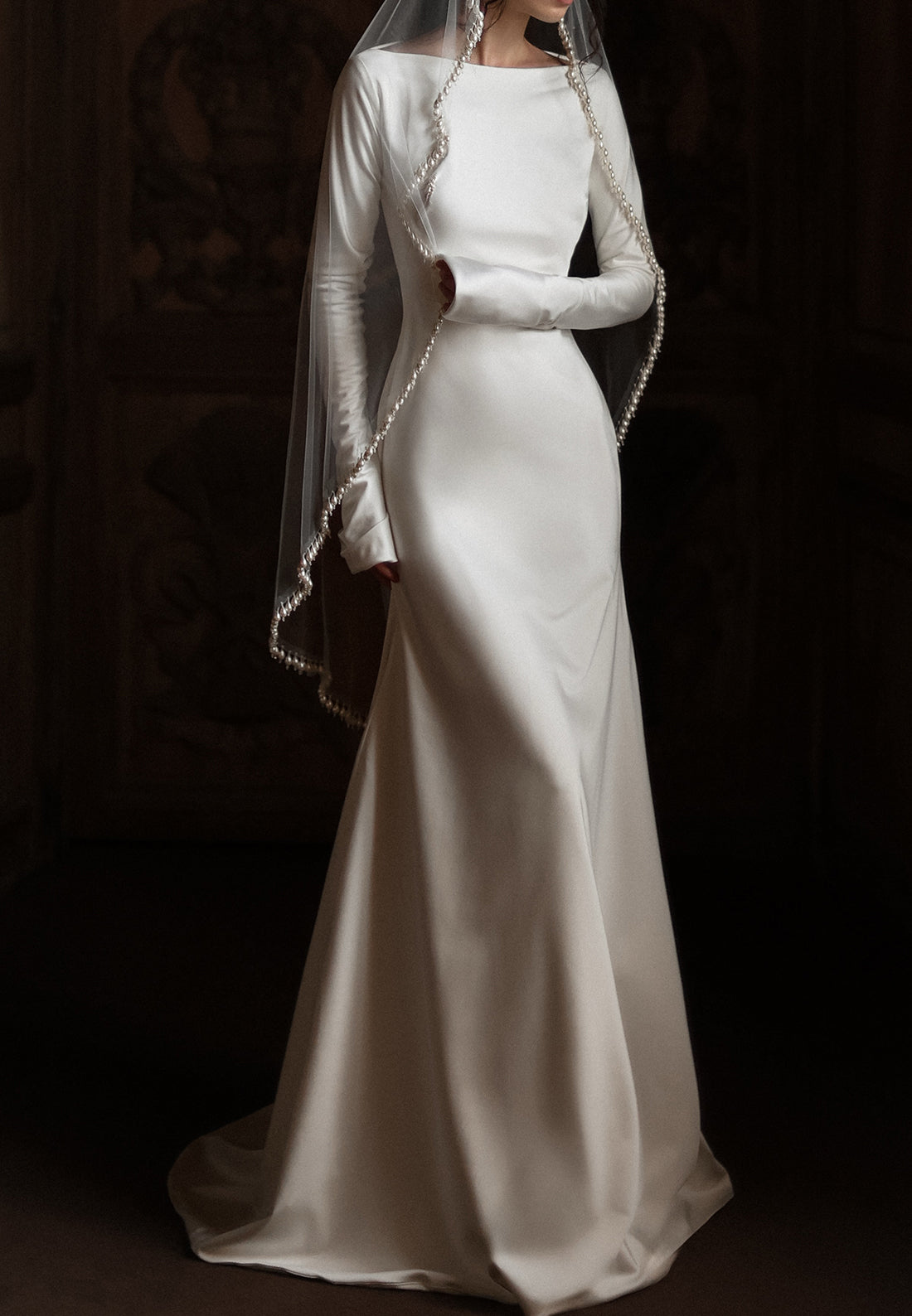Bateau Long Sleeve Satin Wedding Dress with Train