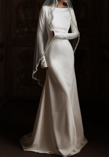 Bateau Long Sleeve Satin Wedding Dress with Train