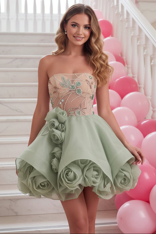 Strapless Illusion Bodice Mini Dress with 3D Rose Skirt