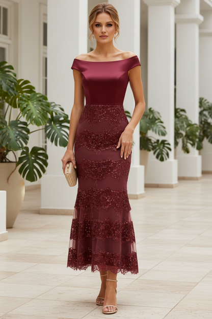 Off-the-Shoulder Lace & Satin Trumpet Midi Dress