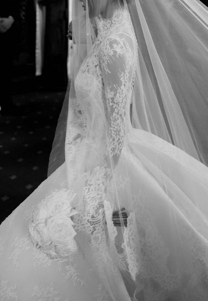 High-Neck Lace Ball Gown Wedding Dress with Long Sleeves