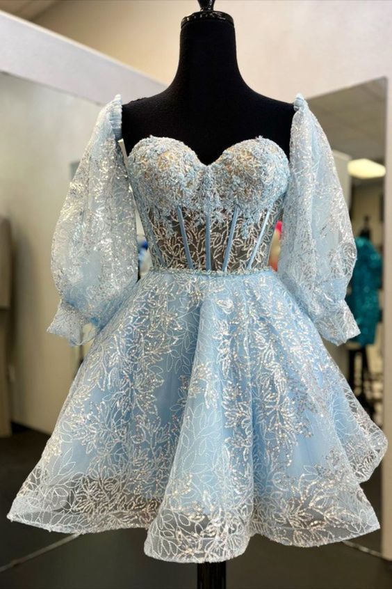 Off Shoulder Puff Sleeve Sequin Lace Mini Dress
