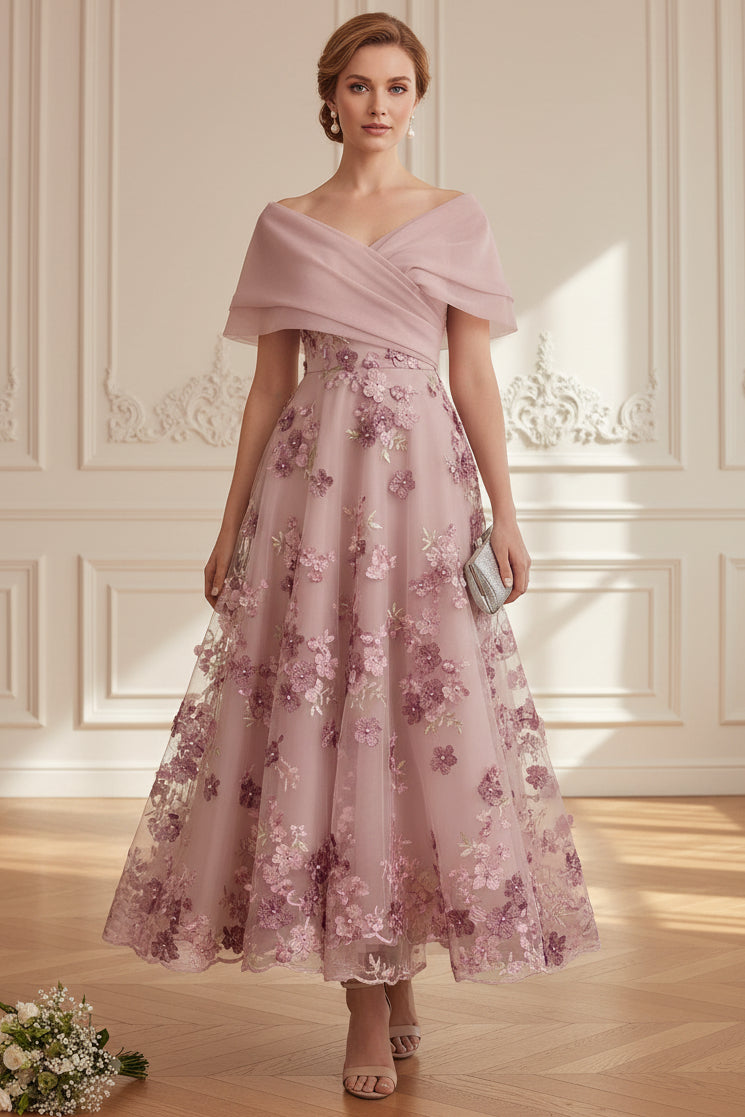 Off-the-Shoulder 3D Floral Tea-Length Dress
