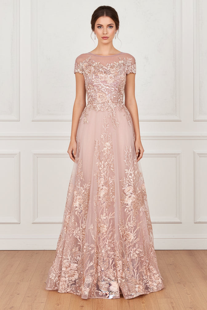 Illusion Lace Applique A-Line Evening Gown