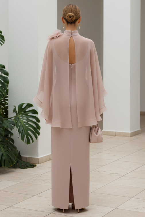 High-Neck Column Maxi Dress with Sheer Cape