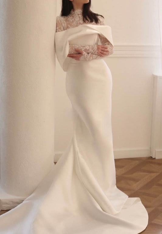 High Neck Lace and Satin Mermaid Wedding Dress