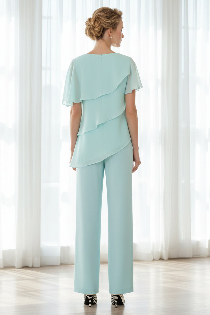 Asymmetrical Tiered Chiffon Pantsuit with Flutter Sleeves