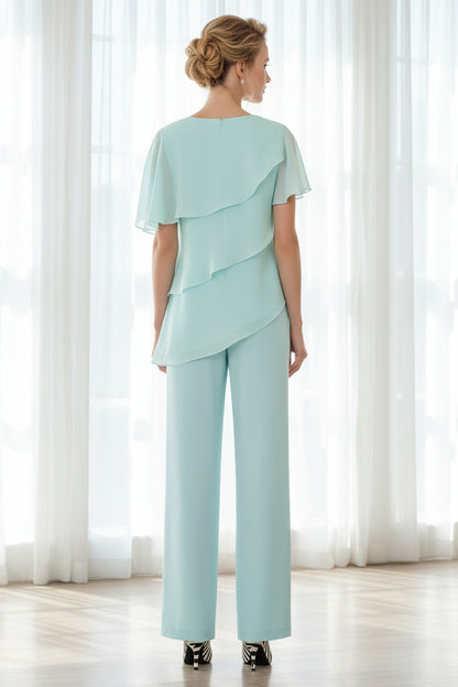 Asymmetrical Tiered Chiffon Pantsuit with Flutter Sleeves