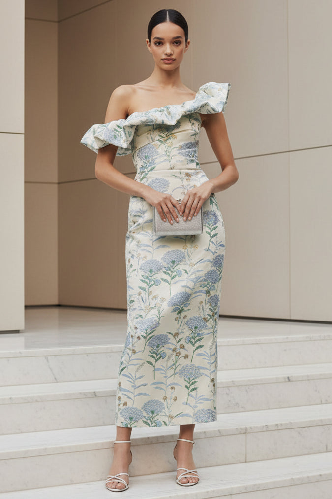 One Shoulder Ruffle Floral Midi Sheath Dress