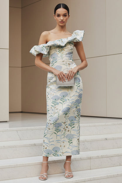 One Shoulder Ruffle Floral Midi Sheath Dress