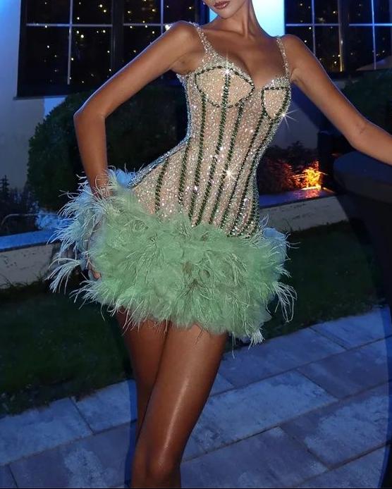 Rhinestone Corset Mini Dress with Feather Hem