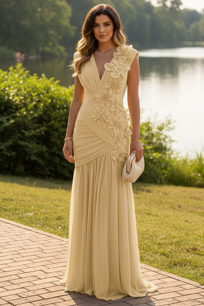 Ruched Floral Appliqué Floor-Length Evening Gown