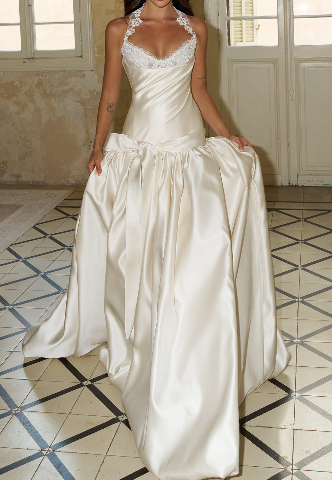 Lace Halter Drop-Waist Satin Ball Gown Wedding Dress