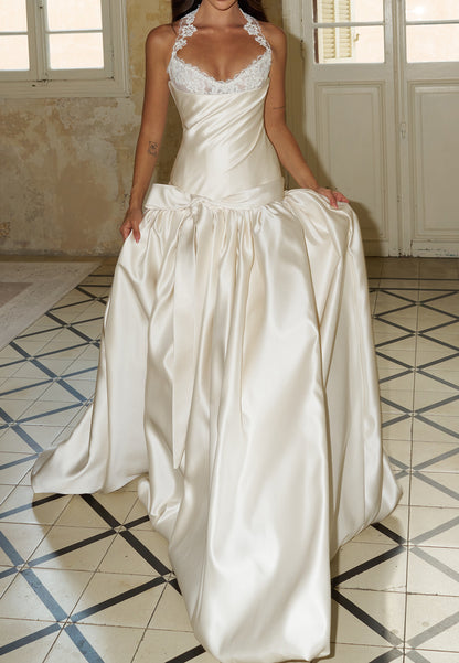 Lace Halter Drop-Waist Satin Ball Gown Wedding Dress