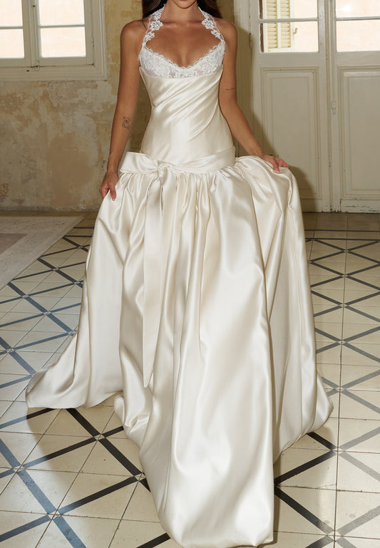 Lace Halter Drop-Waist Satin Ball Gown Wedding Dress