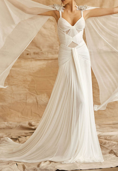Ruched Chiffon Bridal Gown with Cape Sleeves