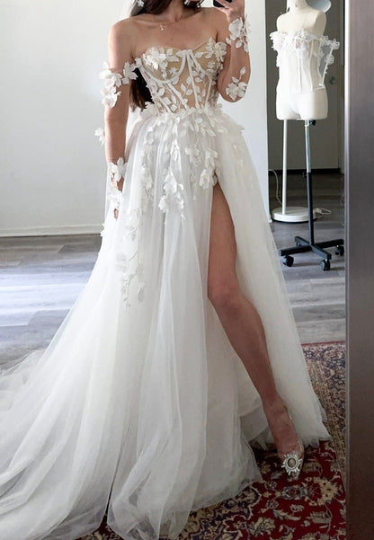 3D Floral Applique Corset Wedding Dress with Slit