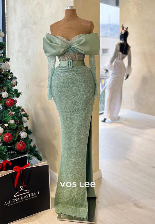 Mint Green Pleated Bowknot Sweetheart Couture Formal Dresses with High Split