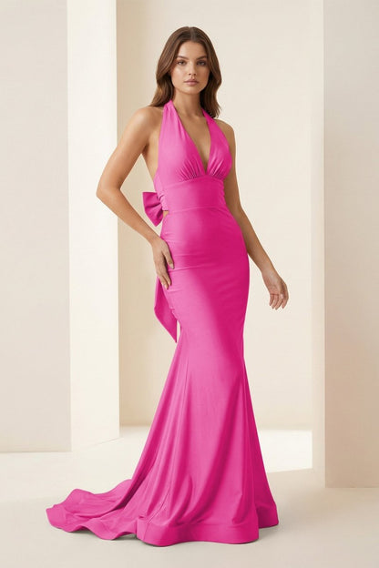 Pink Halter Mermaid Satin Open Back Formal Prom Dresses With Bow