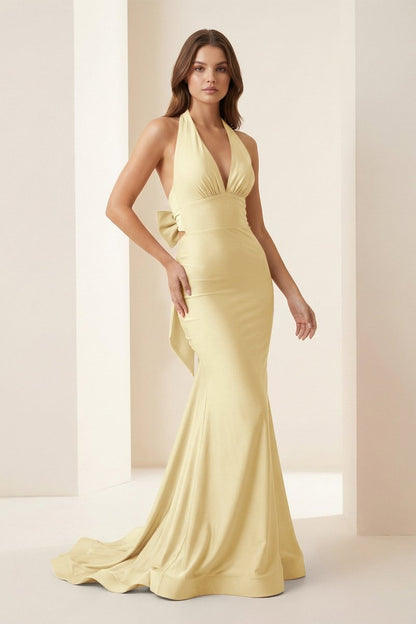 Pink Halter Mermaid Satin Open Back Formal Prom Dresses With Bow