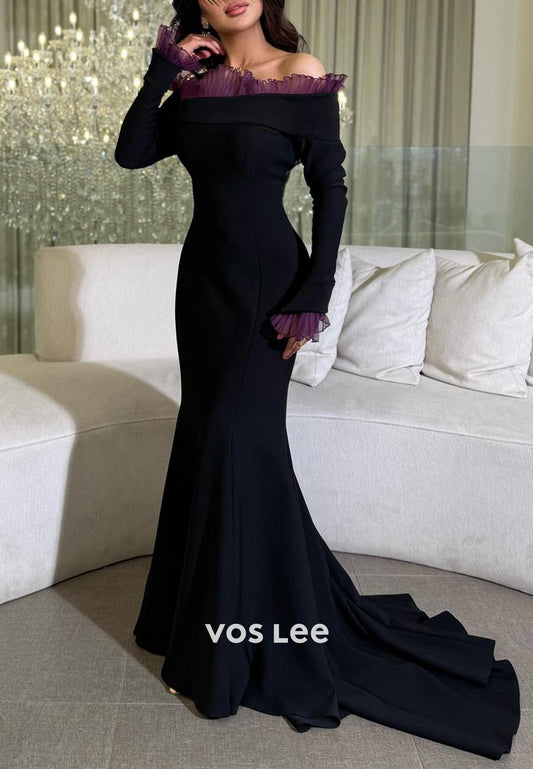 Long Sleeve Off the Shoulder Pleated Mermaid Sexy Evening Dresses with Sweep Train