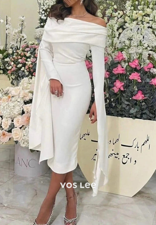 Off the Shoulder Asymmetrical Long Sleeve Pleated Mermaid  Evening Dresses