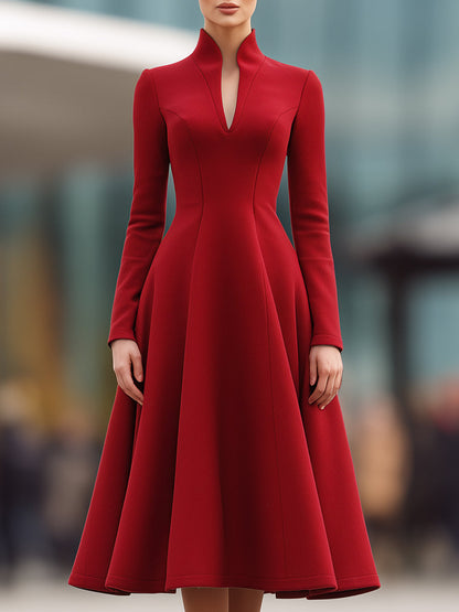 Crimson High-Neck Fit-and-Flare Midi Dress
