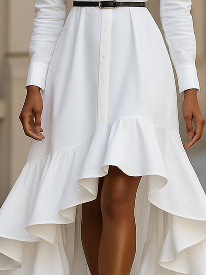 White Ruffled High-Low Shirt Dress