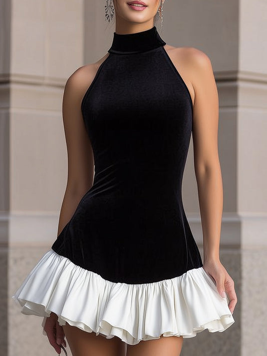 Velvet Halter Mini Dress With Contrast Ruffled Hem