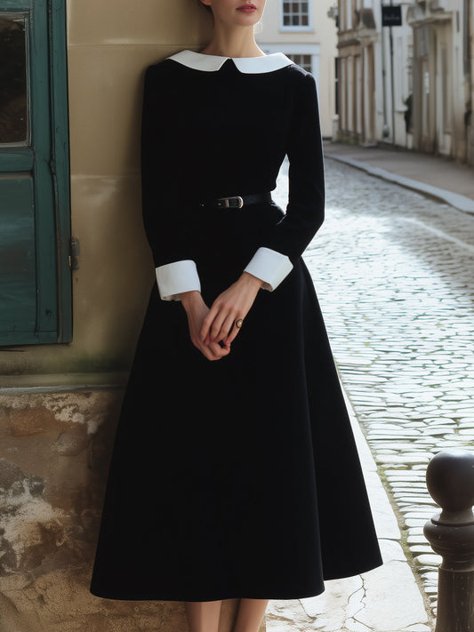 Vintage Contrast-Collar Velvet Midi Dress