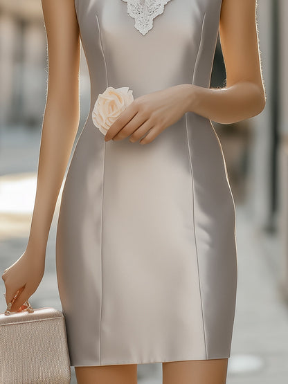 Elegant Satin Sleeveless Mini Dress With Vintage Lace Collar