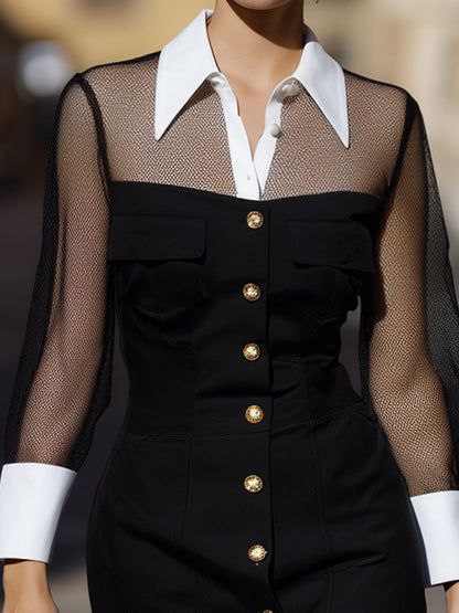 Sheer Panel Contrast-Collar Shirt Dress