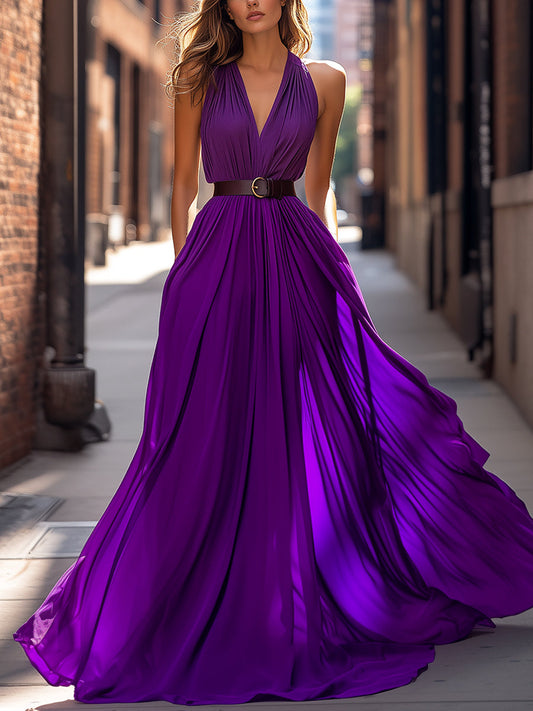 Vibrant Purple Belted V-Neck Pleated Maxi Dress Wedding Guest Dresses