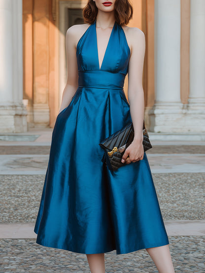 Halter V-Neck Pleated Midi Dress