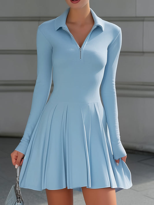 Women’s Light Blue Long Sleeve Pleated Skater Dress