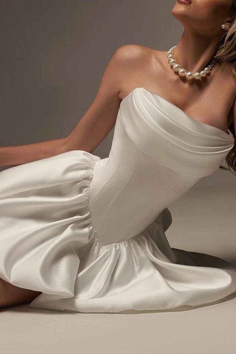 Strapless Corset Satin Mini Dress with Bubble Skirt | White & Black Party Dress