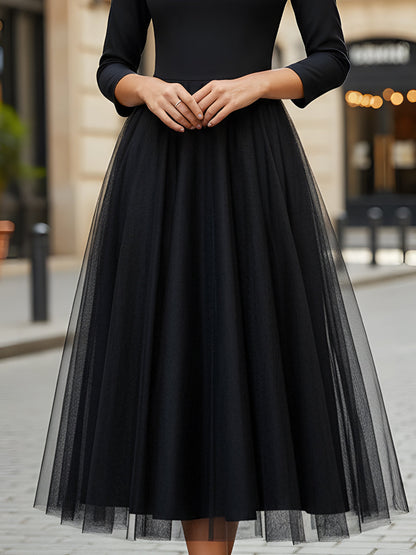 Satin And Tulle A-Line Midi Dress With Gold Button Detail