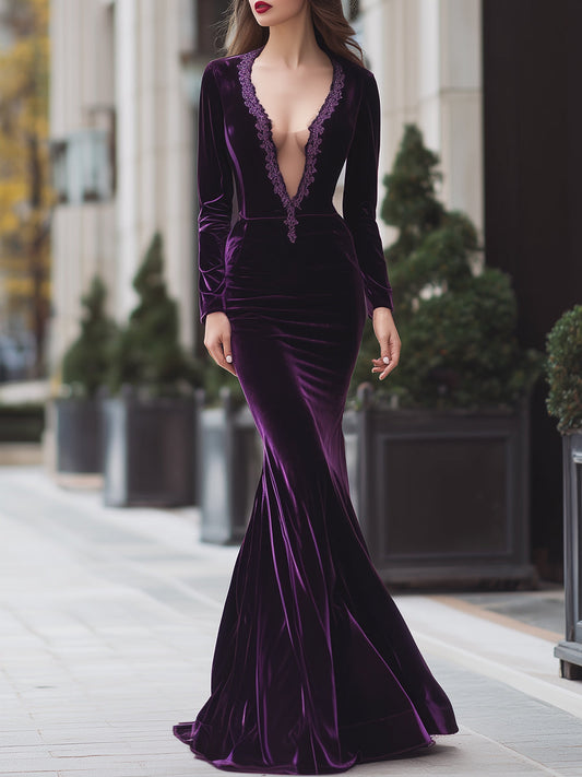 Deep Plum Velvet Plunge Neck Mermaid Gown