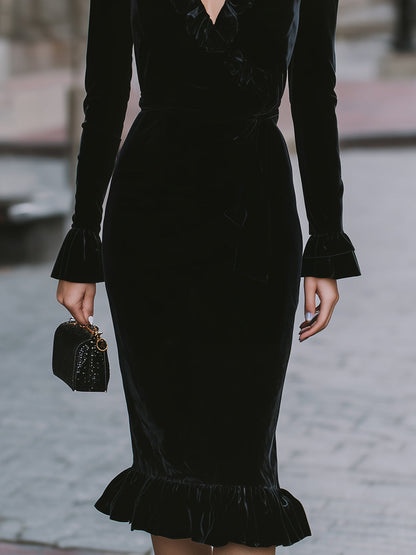 Elegant Black Velvet Ruffled Wrap Dress