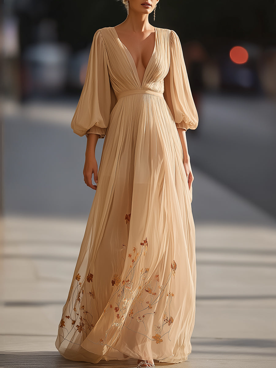 Embroidered Chiffon Maxi Dress With Plunging Neckline