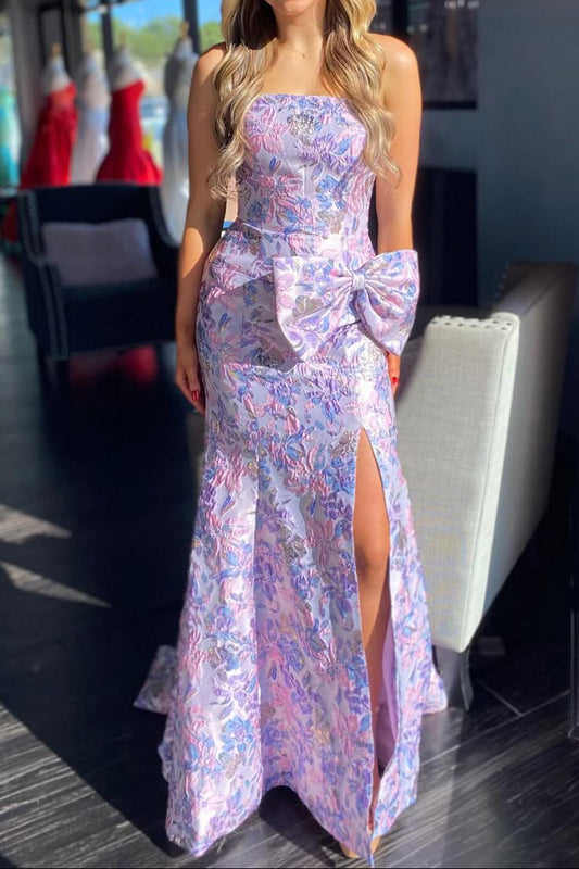 Mermaid Lavender Jacquard Satin Slit  Prom Dress with Bow