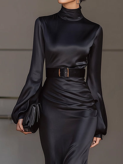 VOS LEE High-Neck Satin Midi Dress With Belted Waist