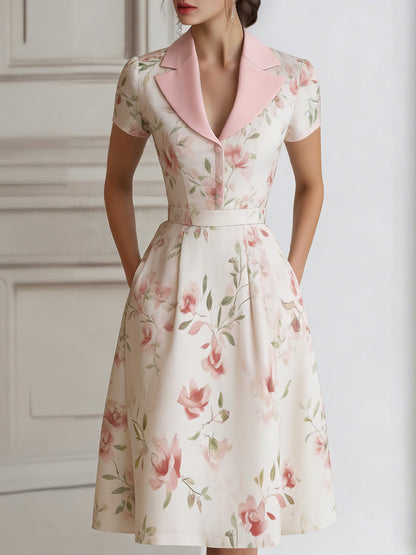 Floral Lapel Short Sleeve Midi Dress With Tailored Waist