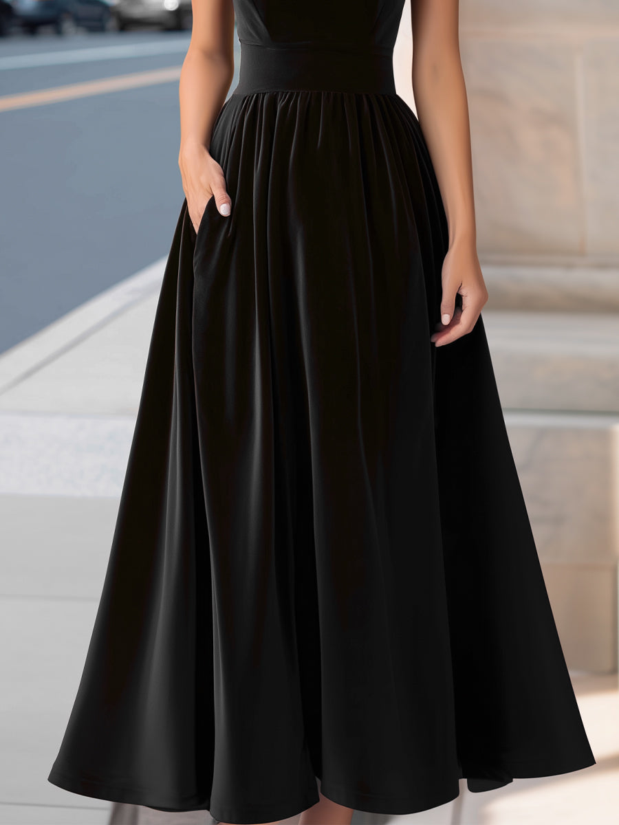 Velvet Boat-Neck Sleeveless A-Line Evening Gown