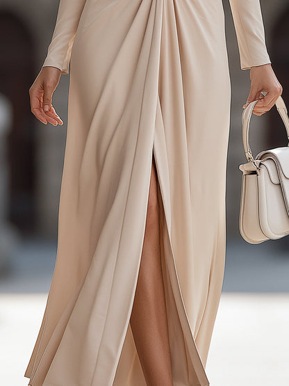 Elegant Beige Ruched Blazer Midi Dress