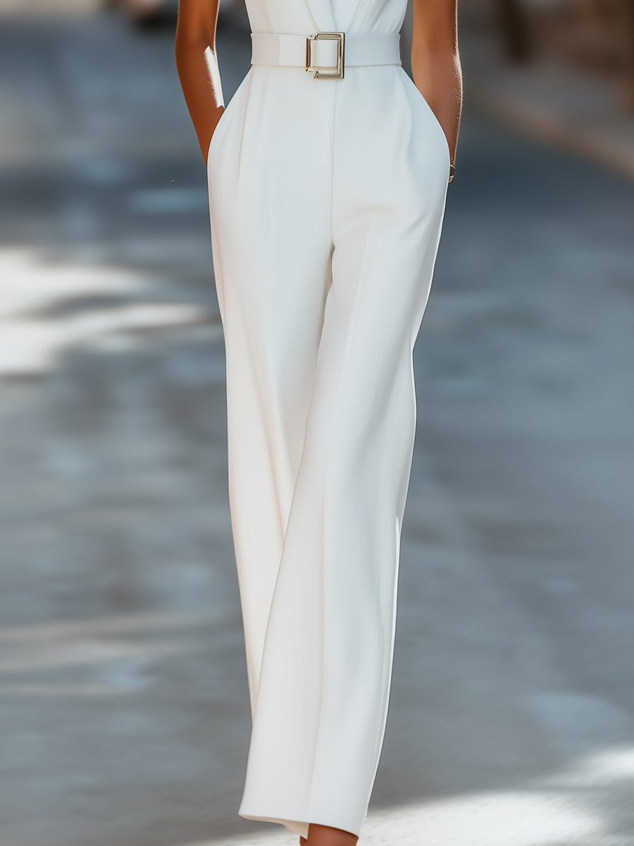 Sleeveless Belted Jumpsuit With Shoulder Pads