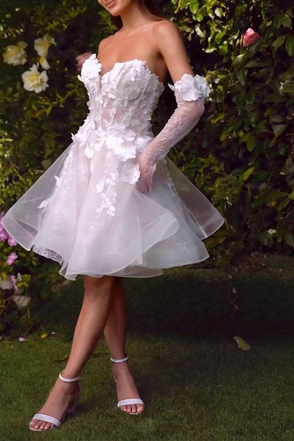 3D Floral Applique Strapless Tulle Mini Wedding Dress with Detachable Sleeves