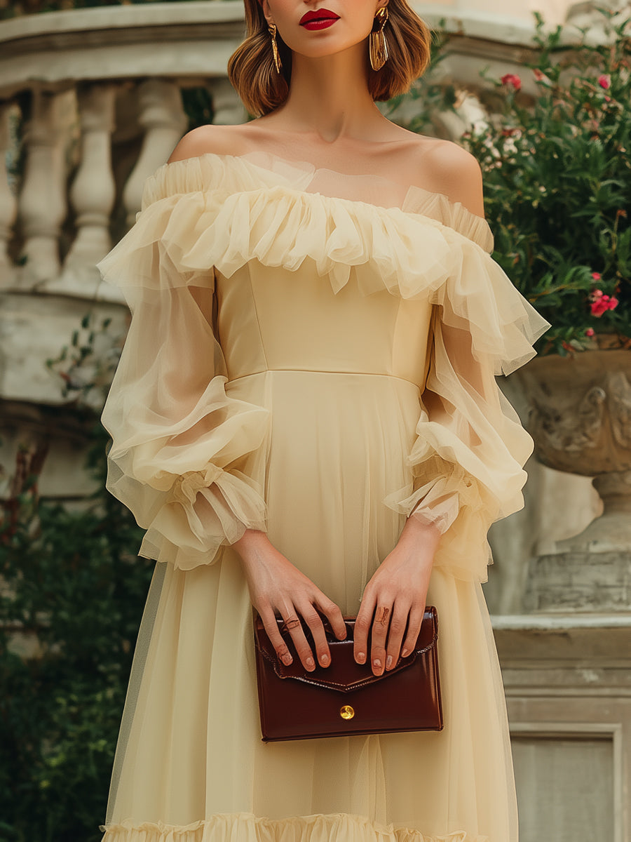 Off-Shoulder Ruffle Tulle Midi Dress